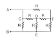 R  मान के छः एकसमान प्रतिरोध चित्र 6 . 7 (a)  में दर्शाए अनुसार  आपस  में जोड़े जाते हैं।  AB  के सिरों का तुल्य प्रतिरोध निकालें।  यदि  AB के सिरों  epsilon पर मान का विधुत वाहक बल लगाया  जाए, तो भुजा  DE और  AB में बहाती  धाराएँ निकालें।