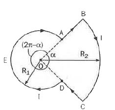 R(1) और R(2) व्यासार्धों वाले दो वृत्ताकार खण्डों द्वारा बनाए गए धारा लूप ABCDEA में बहती धारा I है। उभयनिष्ठ केंद्र O पर चुम्बकीय क्षेत्र निकालें। क्षेत्र कितना होगा यदि कोण alpha=90^(@) हो?