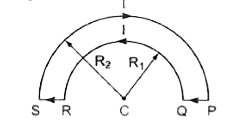 R(1) और R(2) व्यासार्ध वाली दो अर्धवृत्ताकार तारों को जोड़ कर बने चित्र III.18 में दिखाए तार के लूप PORSP में धारा [ बहती है। केन्द्र C पर चुम्बकीय क्षेत्र का परिमाण है
