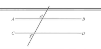 Where line AB is parallel to line CD. Note. Figure are not drawn to scale.      If x-y=10, what is x ?