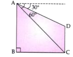 In the igure given, from the top of a building AB = 60 m high, the angles of depression of  the top and bottom of a vertical lamp post CD are observed to be 30^(@)and60^(@) respectively. Find :   (i) the horizontal distance between AB and CD.