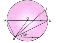 In the figure given below, AD is a diameter. O is the centre of the circle. AD is parallel to BC and angleCBD=32^(@). Find : (i) angleOBD  (ii) angleAOB (iii) angleBED