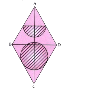 The given figure represents a kite with a circular and a semicircular motifs stuck on it. The ardius of cirlce is 2.5 cm and the semicircle is 2 cm. If diagonal AC and BD are of lengths 12 cm and 8 cm respectively, find the area of the :   (i) shaded part. Give your answer corrrect to the nearest whole number.   (ii) unshaded part.
