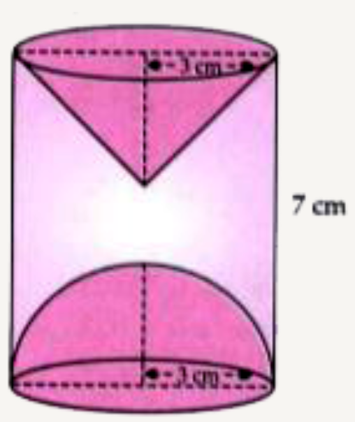 A hemispherical and a conical hole is scooped out of a solid wooden cylinder. Find the volume of the remaining solid where the measurements are as follows :   The height of the solid cylinder is 7 cm, radius of each of hemisphere, come and cylinder is 3 cm. height of cone is 3 cm.   Give your answer correct to the nearest whole number.   (Take pi=22/(7))