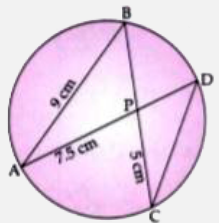 In the figure given figure AB = 9cm, PA = 7.5 cm and PC = 5 cm. Chords  AD and BC intersect at P.   (i)  Prove that DeltaPAB~DeltaPCD   (ii) Find the length of CD.    (iii) Find area of DeltaPAB : are of DeltaPCD