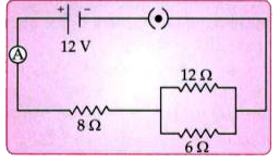 Three resistors are connected to a 12 V battery as shown in the figure given below :      What is the current through the 8 ohm resistor ?