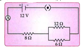 Three resistors are connected to a 12 V battery as shown in the figure given below :      What is the potential difference across the parallel combination of 6 ohm and 12 ohm resistor ?