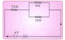 Three resistors are connected to a 6 V battery as  shown in the figure given below :       Calculate :   the equivalent resistance of the circuit.