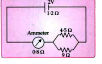 A cell of emf 2 V and internal resistance 1.2Omega is connected with an ammeter of resistance 0.8Omega and two resistors of 4.5Omegaand9Omega as shown in the diagram below:       What is the potential difference across the terminals of the cell ?