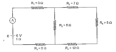 In the circuit shown below, E is a battery of emf 6 V and internal resistance 1Omega. Find the reading of the ammeter A. if it has negligible resistance :