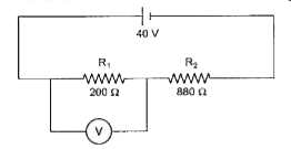 Figure below shows two resistors R1 and R2 connected to a battery having an emf of 40 V and negligible internal resistance. A voltmeter having a resistance of 300 Omega is used to measure potential difference across R1  Find the reading of the voltmeter.