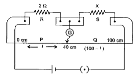 In a meter bridge circuit, resistance, in the left hand gap is 2Omega  and an unknown resistance X is in the right hand gap as shown in figure below. The null point is found to be 40 cm from the left end of the wire. What resistance should be connected to X  so that the new null point is 50 cm from the left end of the wire ?