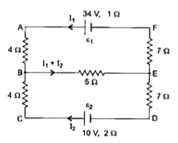 epsi(1) and epsi(2) are two batteries having e.m.f of 34V and 10V respectively and internal resistance of 1Omega and 2Omega respectively. They are connected as shown in figure below. Using Kirchhoff.s Laws of electrical networks, calculate the current I(1) and I(2)