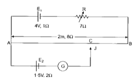A potentiometer circuit is shown in Figure 3 below. AB is a uniform metallic wire having length of 2m and resistance of 8Omega. The batteries E(1) and E(2) have emfs of 4V and 1.5V and their internal resistances are 1Omega and 2Omega respectively.      When the jockey J does not touch the wire AB, calculate:   the potential gradient across the wire AB