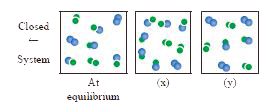 For the reaction, A(2)(g)+B(2)(g) harr 2AB(g): triangleH is -ve.   the following molecular scenes represent different reaction mixture (A-green, B-blue)      For the reaction mixture represented by scene (x), (y) the reaction proceed in which directions?
