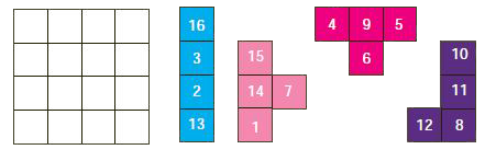 Using the given tetrominoes with numbers on it, complete the 4 x 4 mag