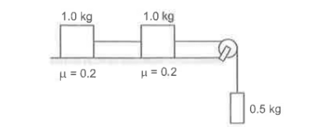 Consider the situation shown in figure. Calculate a. the acceleration of the 1.0 kg blocks, b. the tension in the strilng connecting the 1.0 kg blocks and c. the tension in the stting attached to 0.50 kg.