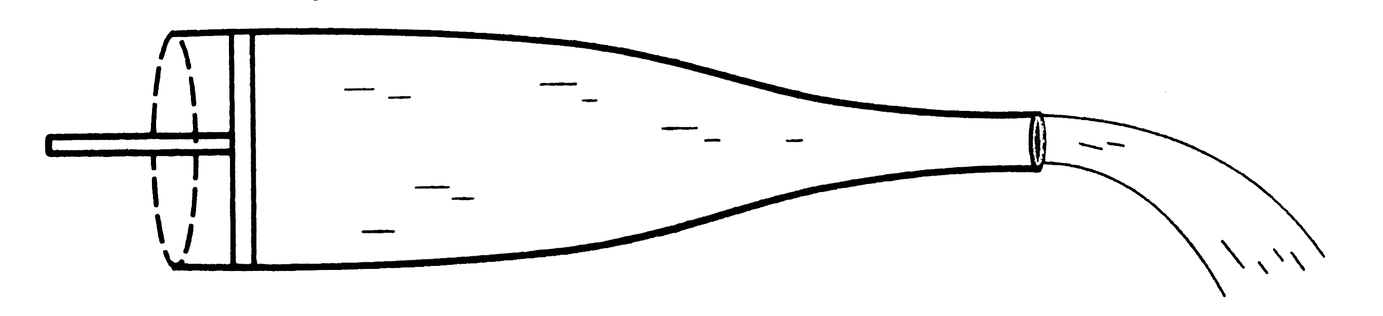 Figure shows a liquid being pushed out of a tube by pressing a piston. The area of cross section of the piston is 1.0 cm^2 and that of the tube at the outlet is 20 mm^2. If the piston is pushed at a speed of 2cms^-1. What is the speed of the outgoing liquid?