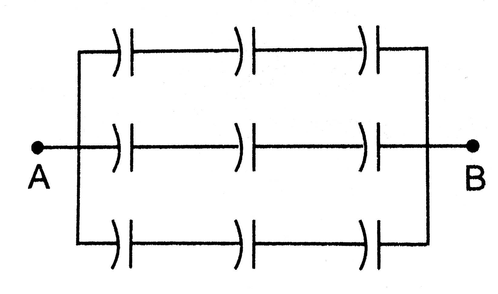 Each of the capacitors shown n figure has a capacitance of 2 mu F . Find the equivalent capacitance of the assembly between the points A and B . Suppose ,a battery of end of emf 60 volts is is connected between  A and B .Find the potential difference appearing on the individual capacitors .