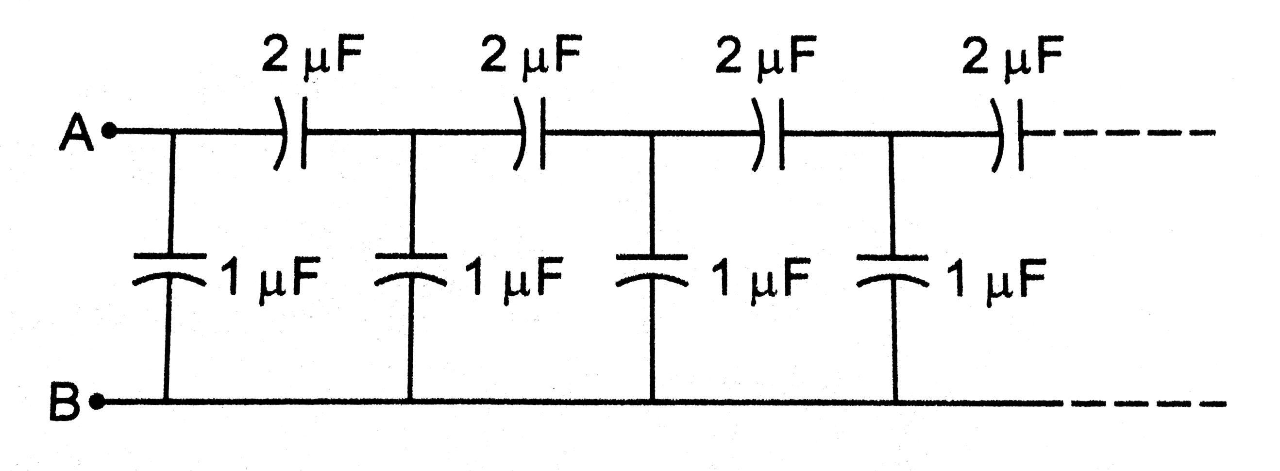 A finit ladder is constructed by connecting  several sections of 2muF,4muF capacitor combinations as shown in figure . It is terminated by a capacitor of capacitance C . What value should be chosen for C, such that the equivalent capacitance of the number of sections in between ?