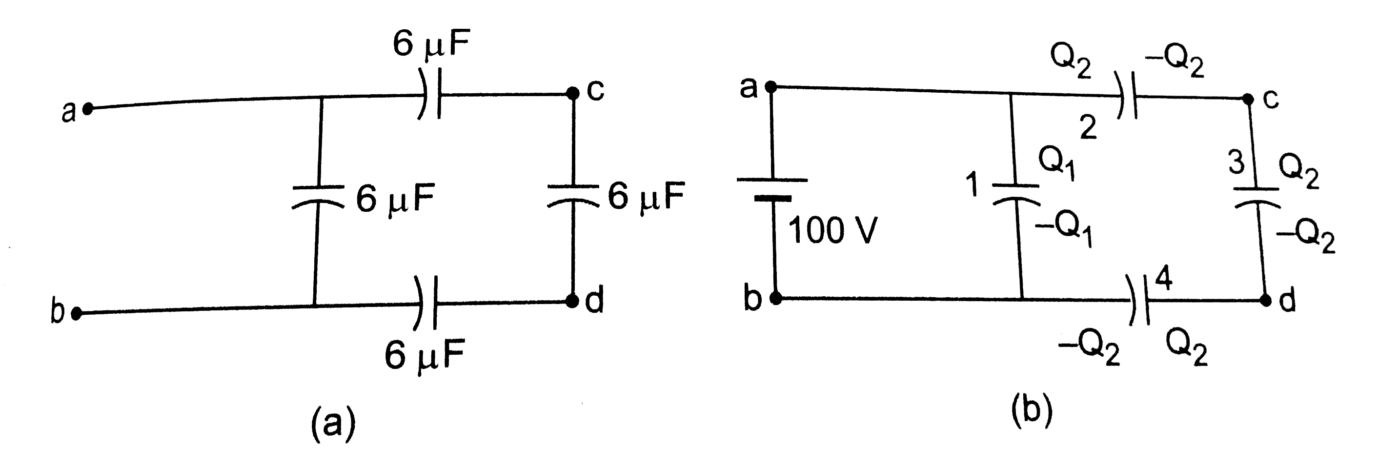 If 100 volts of potential difference  is applied between a and b in the circuit of , find the potential difference between c and d.