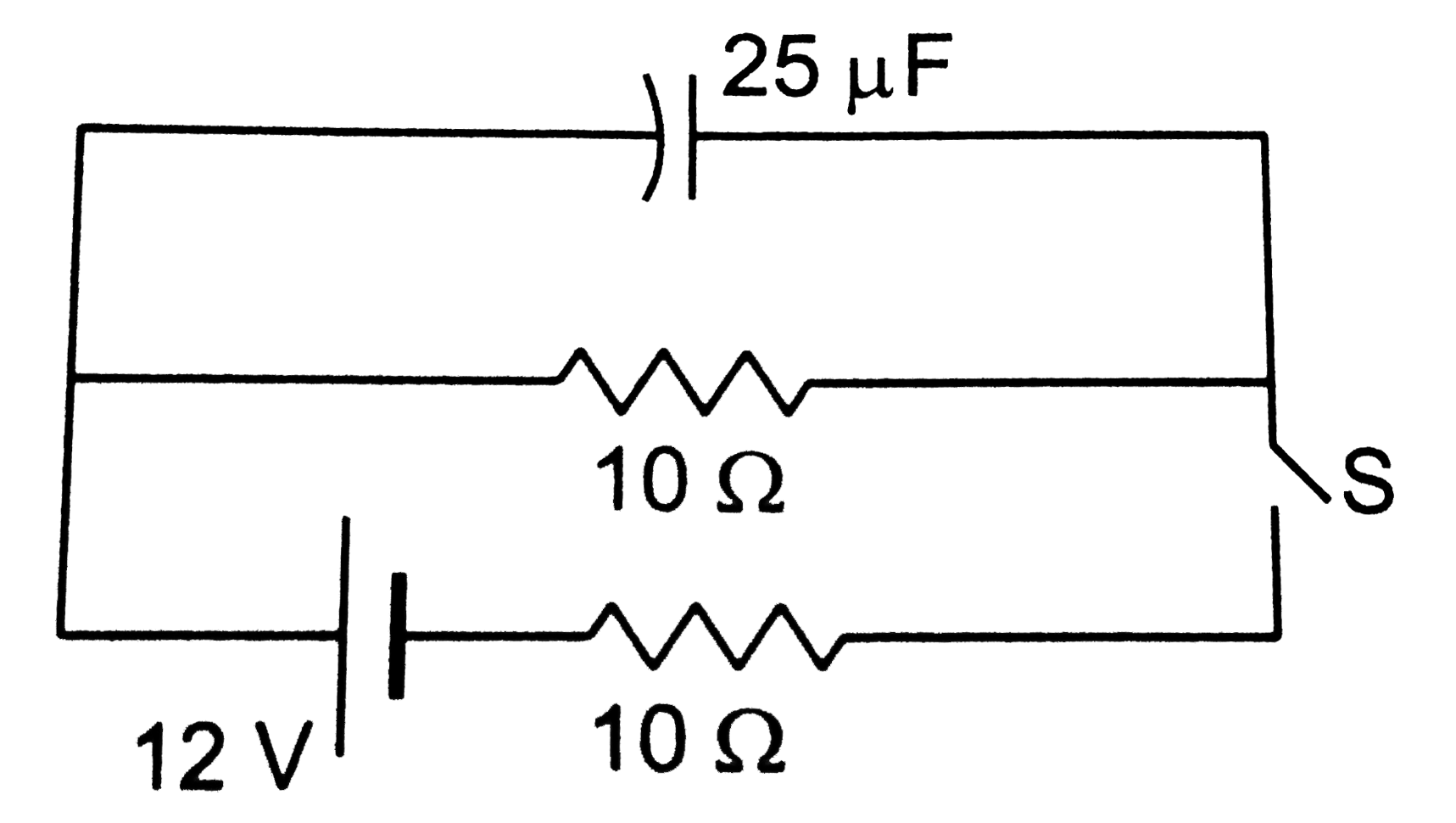 The switch S shown in figure is kept closed for a long time and is then opened at t=0.Find the current in the middle 10(Omega)resistor at t=1.0ms.