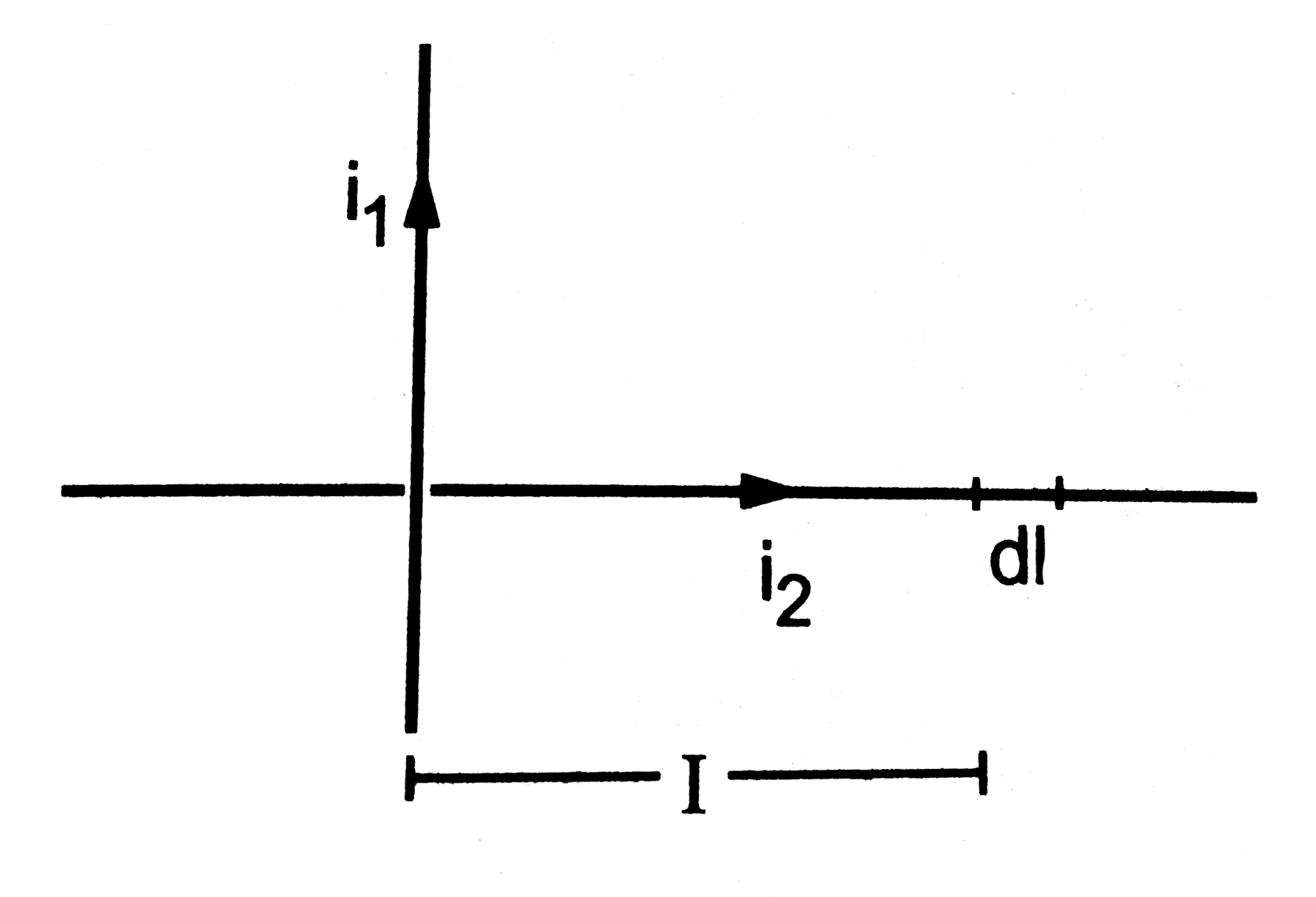 Two long wires, carrying currents  i1 and i2, are placed perpendicular to each other in such a way that they just avoid a contact. Find the magnetic force on a small length dl  of the second wire situated at a distance l from the first wire. (figure)