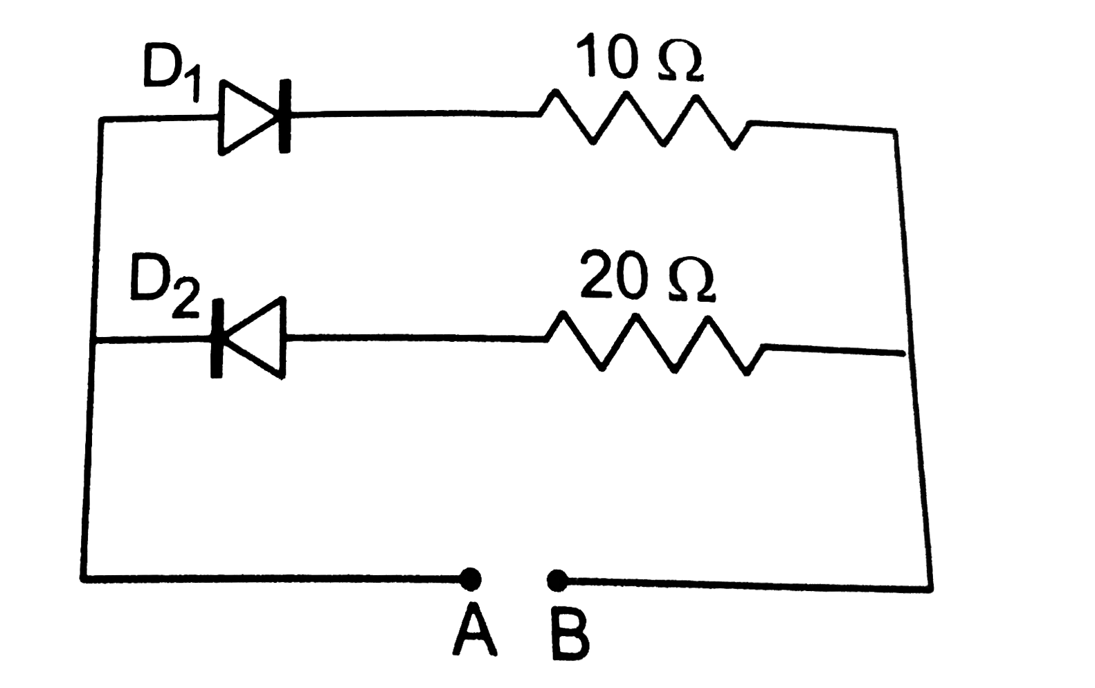 A 2V battery may be connected across the points A and B as shown in figure. Assume that the resistance of each diode is zero in forward bias and infinity in reverse bias.Find the current supplied by the battery if the positive terminal of the battery is connected to (a) the point A  (b)the point B.