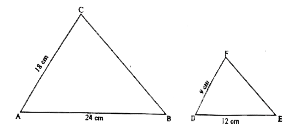 In the given figure AB = 24 cm, AC = 18 cm. DE = 12cm. DF = 9 cm and /BAC = /EDF. Then DeltaABC ~ DeltaDEF by the condition: