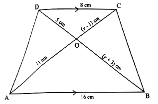 In the given figure ABCD is a trapezium  in which DC is parallel to AB.   AB = 16 cm and DC = 8 cm. OD = 5 cm, OB = (y + 3) cm, OA = 11 cm and OC = (x - 1) cm.   Using the given information answer the following questions.      The ratio of the sides of the pair of similar triangles is: