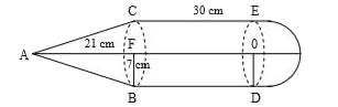 In the diagram given below if AF = 21 cm, CE = 30 cm and FB = 7 cm.  Find the volume of the figure.