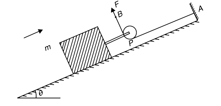 In the fig. shown, the pulley and string are mass less and the incline is frictionless. The segment AP of the string is parallel to the incline and the segment PB is perpendicular to the incline. End of the string is pulled with a constant force F.    (a) If the block is moving up the incline with acceleration while being in contact with the incline , then angle theta must be less than theta(0). Find theta(0)    If theta = (theta(0))/(2) find the maximum acceleration    with which the block can move up the plane without losing contact with the incline.