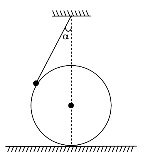 A sphere of mass M is held at rest on a horizontal floor. One end of a light string is fixed at a point  that  is vertically above the centre of the sphere. The other end of the string is connected to a small particle of mass m that rests on the sphere. The string makes an angle alpha = 30^(@) with the vertical. Find the acceleration of the sphere immediately after it is released. There is no friction anywhere.
