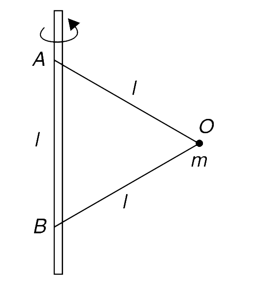 A particle of mass m is attached to a vertical rod with two inextensible strings AO and BO of equal lengths l. Distance between A and B is also l. The setup is rotated with angular speed omega with rod as the axis.      (a) Find the values of omega for which the particle remains at point B.     (b) Find the range of values of omega for which tension (T(1)) in the string AO is greater than mg but the other string remains slack     (c) Find the value of omega for which tension (T(1)) in string AO is twice the tension (T(2)) in string BO   (d) Assume that both strings are taut when the string AO breaks. What will be nature of path of the particle moment after AO breaks ?
