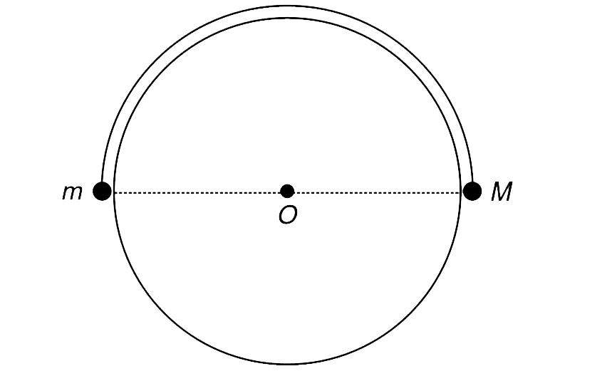 Two particles of masses M and m (M gt m) are connected by a light string of length piR.  The string is hung over a fixed circular frame of radius R.       Initially the particles lie at the ends of the horizontal diameter of the circle (see figure). Neglect friction.  (a) If the system is released, and if m remains in contact with the circle, find the speed of the masses when M has descended through a distance R theta (theta lt pi).  (b) Find the reaction force between the frame and m at this instant.  (c) Prove that m1 will certainly remain in contact with the frame, just after the release, if  3m gt M.