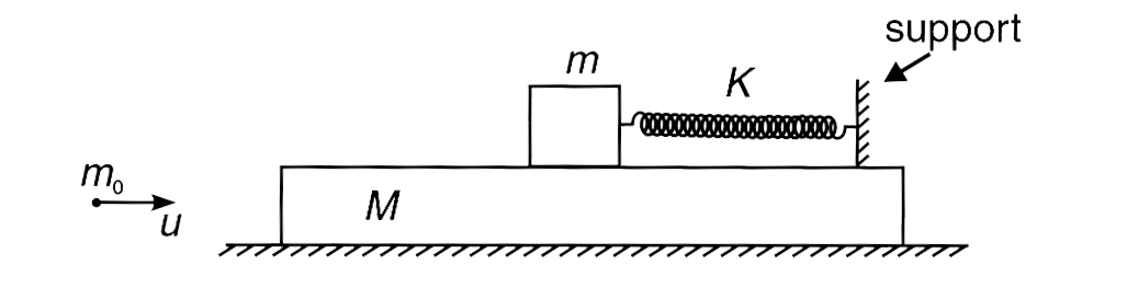 In the system shown in fig. block of mass M is placed on a smooth horizontal surface. There is a mass less rigid support attached to the block. Block of mass m is placed on the first block and it is connected to the support with a spring of force constant K. There is no friction between the  blocks. A bullet of mass m(0), moving with speed u hits the block of mass M and gets embedded into it. The collision is instantaneous. Assuming that m always stays over M, calculate the maximum extension in the spring caused during the subsequent motion.   K=8960 N//m , u=400 m//s