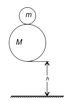 Two elastic balls of masses M and m (M gt gt m) are placed on top of each other with a small gap between them. The balls are dropped on to the ground with the bottom of the lower ball at height h above the ground. The lower ball has a radius R and the upper ball has negligible dimension.      
(a) Up to what height the ball of mass m will bounce above the ground ?   (b) Does the result obtained above violates the low of conservation of mechanical energy?