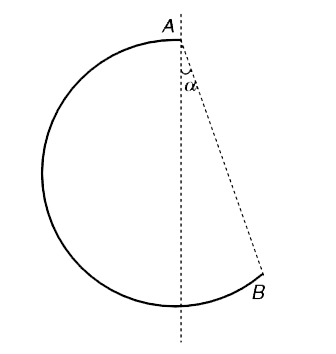 A uniform wire has been bent in shape of a semi circle. The semicircle is suspended about a horizontal axis passing through one of its ends, so that the semicircular wire can swing in vertical plane. Find the angle alpha that the diameter of the semicircle makes with vertical in equilibrium.
