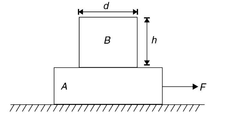 Rectangular block B, having height h and width d has been placed on another block A as shown in the figure. Both blocks have equal mass and there is no friction between A and the horizontal surface. A horizontal time dependent force  F = kt is applied on the block A. At what time will block B topple? Assume that friction between the two blocks is large enough to prevent B from slipping.