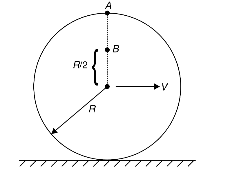 A disc of radius R is rolling without sliding on a horizontal surface at a constant speed of v       (a) What is speed of points A and B on the vertical diameter of the disc ? Given AB = (R)/(2)   (b) After what time, for the first time, speed of point A becomes equal to present speed (i.e., the speed at the instant shown in the figure) of point B?