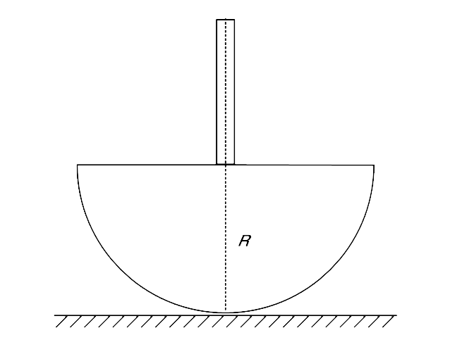 Consider the object shown in the figure. It consist of a solid hemisphere of mass M and radius R. There is a solid rod welded at its centre. The object is placed on a flat surface so that the rod is   vertical. Mass of the rod per unit length is (M)/(2R). What is the maximum length of the rod that can be welded so that the object can perform 
oscillations about the position shown in diagram?    Note : Centre of mass of a solid hemisphere is at  a distance of (3R)/(8) from its base.