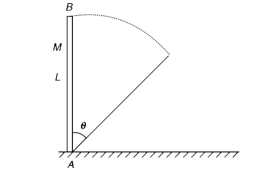 A rod of mass M = 5kg and length L = 1.5 m is held vertical on a table as shown. A gentle push is given to it and it starts falling. Friction is large enough to prevent end A from slipping on the table.       (a) Find the sum of linear momentum of all the particles of the rod when it rotates through an angle theta = 37^(@)   (b) Find the friction force and normal reaction force by the table on the rod, when theta = 37^(@)   (c) Find value of angle q when the friction force becomes zero.   [tan 37^(@) = (3)/(4)