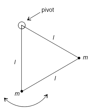 An equilateral triangle is made from three mass less rods, each of length l. Two point masses m are attached to two vertices. The third vertex is hinged and triangle can swing freely in a vertical plane as shown.  It is released the position shown with one of the rods vertical. Immediately after the system is released, find –    (a) tensions in all three rods (specify tension or compression),    (b) accelerations of the  two masses