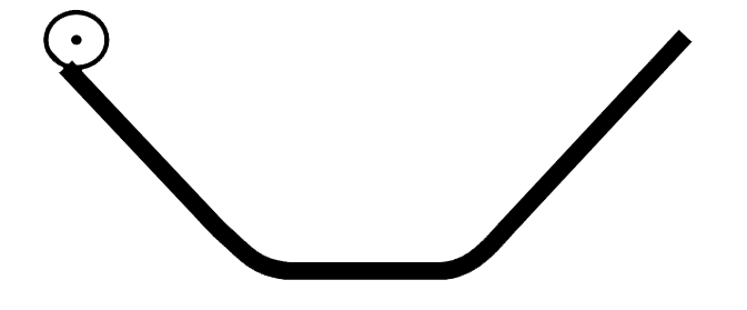 A trough has two identical inclined segments and a horizontal segment. A ball is released on the top of one inclined part and it oscillates inside the trough. Friction is large enough to prevent slipping of the ball. Time period of oscillation is T. Now the liner dimension of each part of the trough is enlarged four times. Find the new time period of oscillation of the ball.