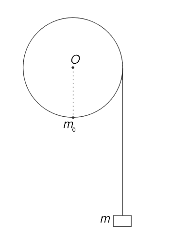 A uniform disc shaped pulley is free to rotate about a horizontal axis passing through the centre of the pulley. A light thread is tightly wrapped over it and supports a mass m at one of its end. A small particle of mass m(0) = 2m is stuck at the lowest point of the disc and the system is released from rest. Will the particle of mass m(0) climb to the top of the pulley?