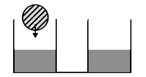 Two identical communicating containers have water filled into them.A speherical ball of ice (relative density=0.9) having volume 100cm^(3) is put into the left vessel. Calculate the volume of water flowing into the right container. Immediately after placing the ball (i.e.,don't consider any melting of the ice ball). give your answer for following two caes      (i) The ice ball floats in the water in the left container.   (ii) The ice ball gets exactly half immersed in the water.   (iii) What will happen to the water level after the ice melts? Answer for bodth i and ii above.