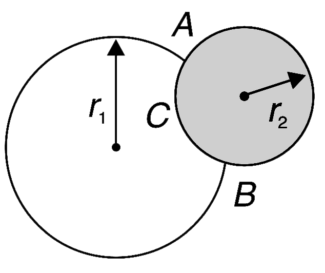 Two soap bubbles of radii r(1) and r(2) are attached as shown. Find the radius of curvature of the common film ACB.