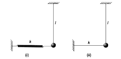 A simple pendulum of length L has a bob of mass m. The bob is connected to light horizontal spring of force constant k. The spring is relaxed when the pendulum is vertical (see fig (i)).   (a) The bob is pulled slightly and released. Find the time period of small oscillations. Assume that the spring remains horizontal.   (b) The spring is replaced with an elastic cord of force constant k. The cord is relaxed when the pendulum is vertical (see fig (ii)). The bob is pulled slightly and released. Find the time period of oscillations.
