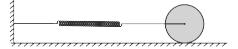 A hollow cylindrical shell of radius R has mass M. It is completely filled with ice having mass m. It is placed on a horizontal floor connected to a spring (force constant k) as shown. When it is disturbed it performs oscillations without slipping on the floor.   (a) Find time period of oscillation assuming that the ice is tightly pressed against the inner surface of the cylinder.   (b) If the ice melts into non viscous water, find the time period of oscillations. (Neglect any volume change due to melting of ice)