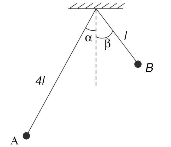 Two simple pendulums A and B have length 4l  and l respectively. They are released from rest from the position shown. Both the angles alpha